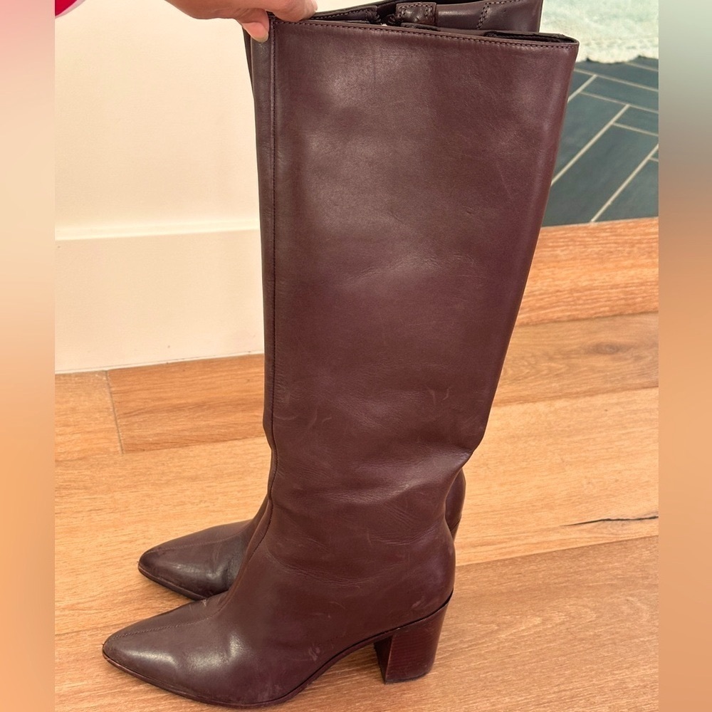 Schutz mikki up block heels boots in dark chocolate. Size 6.5.